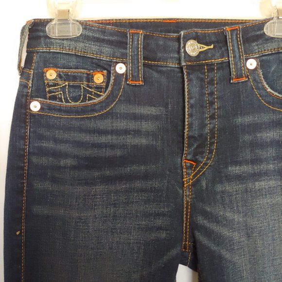 True Religion Jeans "Halle" size 27 Capri Y2k Dark Wash Preppy Travel Stre - Picture 10 of 16
